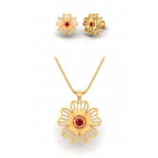  916 GOLD FLOWER RED STONE PENDANT WITH STUD 